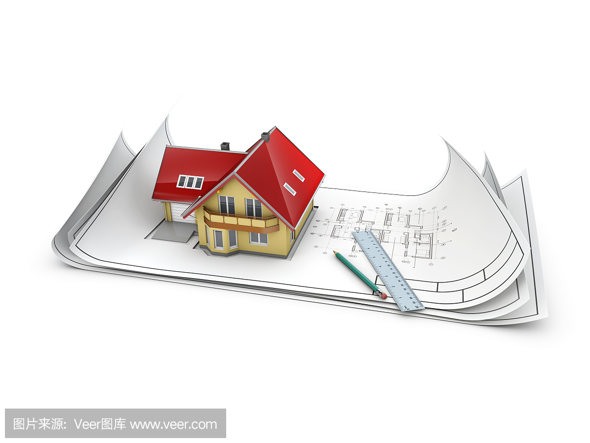 建筑项目的建筑师俯视图的3d插图